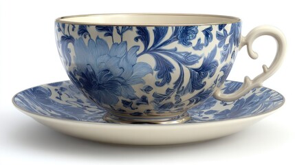 Porcelain teacup and saucer with blue floral design