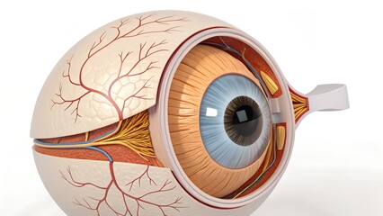 3D anatomical breakdown of the human eye — lens, iris, retina, optic nerve, cornea, and vitreous humor layered in transparent cutaway