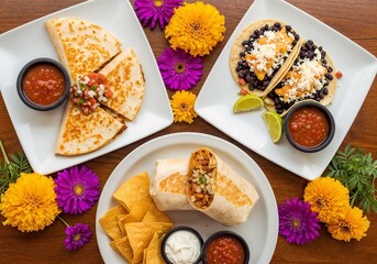 A top-down, vibrant photo of a Mexican food spread with quesadillas, tacos, and a burrito on white plates, garnished with colorful flowers on a wooden table, professional food photography