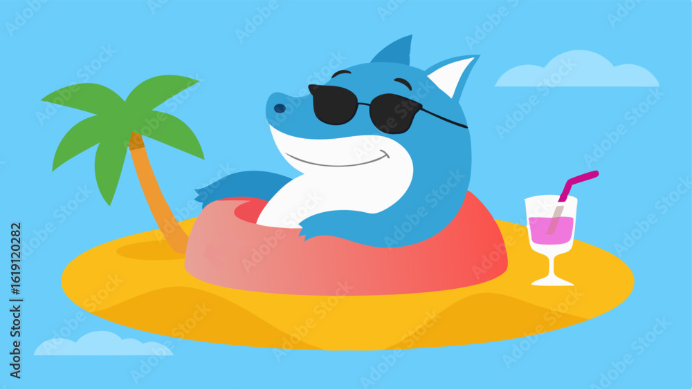 Poster chill vibes a cartoon shark is stretched out on a colorful inflatable flamingo float. it has oversiz