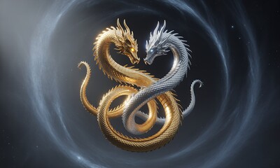 Golden and Silver Dragons Intertwined in Space