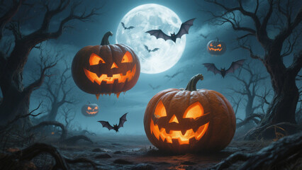 Fototapeta premium Large jack-o'-lanterns with bright orange eyes float mysteriously in the air, casting eerie shadows on the ground below. Halloween, Halloween Costumes, Halloween Background, Happy Halloween