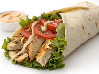 Chicken shawarma with lettuce, tomato, and tahini sauce, isolated view