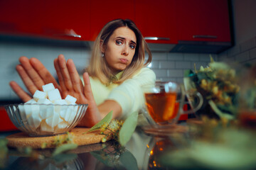 Woman Saying No to Sugar Drinking Unsweetened Tea. Tea drinker feeling unhappy about over...