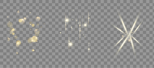 Glowing Gold Light Effects Pack Set. Bokeh, Sparkles and Starbursts on Transparent Background