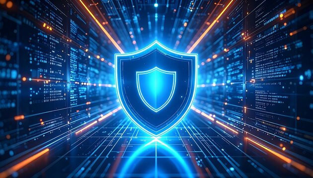 Glowing blue shield representing digital security, data protection, and cybersecurity concepts.