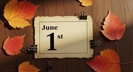 June 1st Calendar Date on Wooden Background with Autumn Leaves