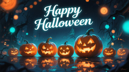 The words 'Happy Halloween' are written in elegant, glowing white cursive script, floating above a row of intricately carved jack-o'-lanterns with warm, flickering lights inside.