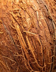 Fototapeta premium Close Up of a Textured Brown Coconut Shell Surface with Intricate Fiber Details
