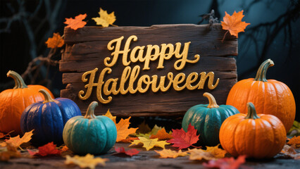 The words 'Happy Halloween' are written in elegant, golden cursive script on a wooden sign, surrounded by an array of colorful pumpkins in shades of orange, blue, and teal. 