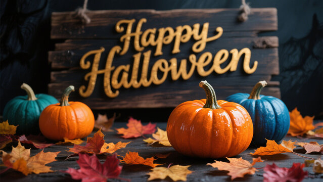 The words 'Happy Halloween' are written in elegant, golden cursive script on a wooden sign, surrounded by an array of colorful pumpkins in shades of orange, blue, and teal. 