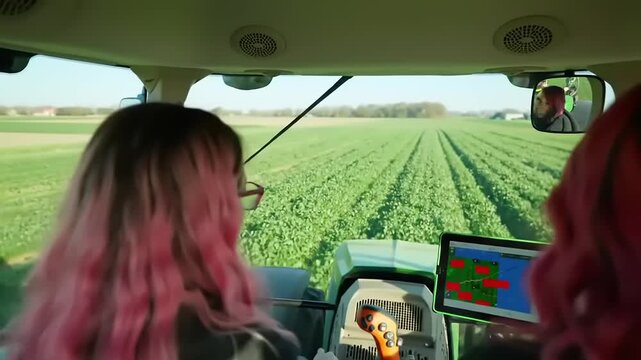 Woman in a tractor cab looking at a field and a tablet