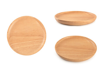 Set of empty wooden tray isolated on white background.