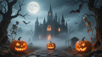 Three glowing jack-o'-lanterns with mischievous grins sit on a cobblestone path, casting warm orange light across the ground. Halloween, Halloween Costumes, Halloween Background, Happy Halloween