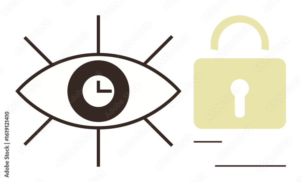 Poster eye with clock at center symbolizes time tracking and observation, next to a secure padlock for prot