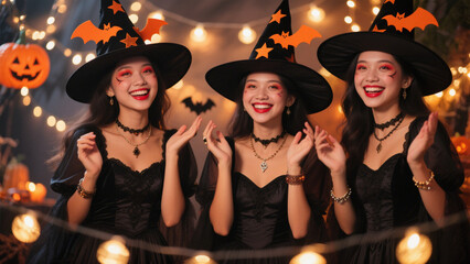 Three joyful children dressed in adorable Halloween costumes stand together, their faces beaming with excitement. Halloween, Halloween Costumes, Halloween Background, Happy Halloween