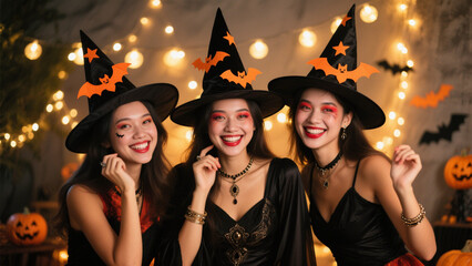 Three joyful children dressed in adorable Halloween costumes stand together, their faces beaming with excitement. Halloween, Halloween Costumes, Halloween Background, Happy Halloween