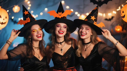 Three joyful children dressed in adorable Halloween costumes stand together, their faces beaming with excitement. Halloween, Halloween Costumes, Halloween Background, Happy Halloween