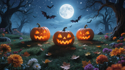 Three large jack-o'-lanterns with bright orange eyes sit on a grassy field, casting eerie shadows. Halloween, Halloween Costumes, Halloween Background, Happy Halloween