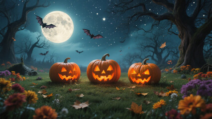 Three large jack-o'-lanterns with bright orange eyes sit on a grassy field, casting eerie shadows. Halloween, Halloween Costumes, Halloween Background, Happy Halloween