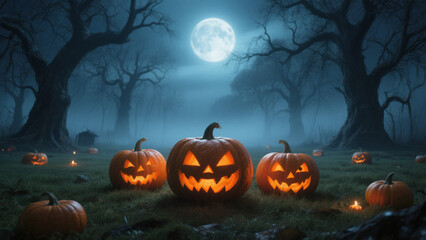 Three large jack-o'-lanterns with glowing orange eyes sit on a grassy field in the foreground, casting eerie shadows. Halloween, Halloween Costumes, Halloween Background, Happy Halloween