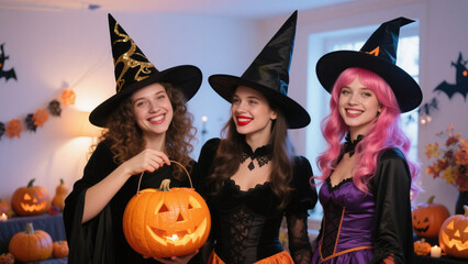 Three vibrant women dressed in enchanting Halloween witch costumes, standing together indoors at a festive party. Halloween, Halloween Costumes, Halloween Background, Happy Halloween