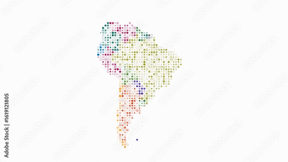 Poster south america dotted animation. shape of the continent build of pulsating colored dots. small size r