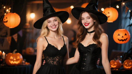 Two beautiful women dressed in elegant black witch costumes, standing together at a festive Halloween party. Halloween, Halloween Costumes, Halloween Background, Happy Halloween