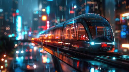 Modern city train in rain
