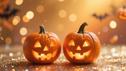 Two carved jack-o'-lanterns with glowing, warm orange lights stand side by side on a shimmering surface, surrounded by sparkling bokeh effects. Halloween, Halloween Costumes, Halloween Background
