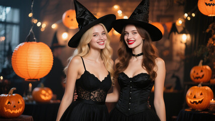 Two beautiful women dressed in elegant black witch costumes, standing together at a festive Halloween party. Halloween, Halloween Costumes, Halloween Background, Happy Halloween