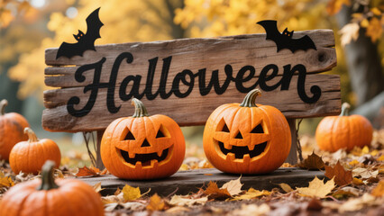 Two carved jack-o'-lanterns with mischievous smiles sit atop a rustic wooden sign that reads 'Halloween' in bold, black cursive letters. Halloween, Halloween Costumes, Halloween Background