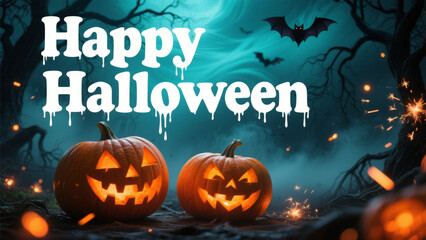 Two carved pumpkins with glowing orange lights sit prominently in the foreground, their expressions eerie yet inviting. Halloween, Halloween Costumes, Halloween Background, Happy Halloween
