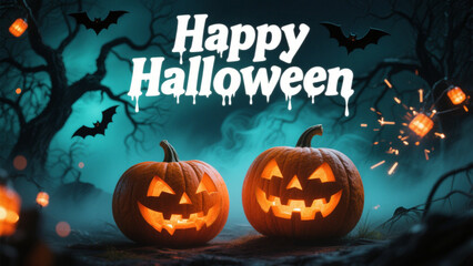 Two carved pumpkins with glowing orange lights sit prominently in the foreground, their expressions eerie yet inviting. Halloween, Halloween Costumes, Halloween Background, Happy Halloween
