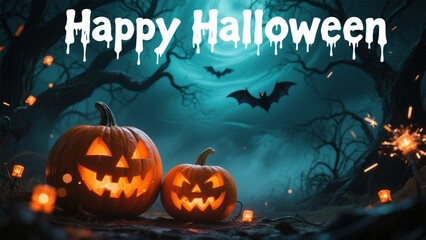 Two carved pumpkins with glowing orange lights sit prominently in the foreground, their expressions eerie yet inviting. Halloween, Halloween Costumes, Halloween Background, Happy Halloween