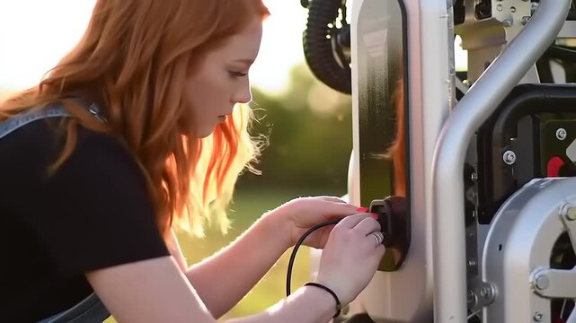 Young woman plugging in a charging cable to a light gray utility vehicle