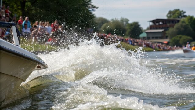 Boat Wake Rippling Across a Calm Lake with Spectators in Background