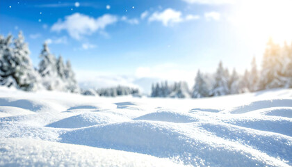 Obraz premium 冬の景色。雪が降る雪原の広がる大地の風景。晴れ。積雪。粉雪。光。A winter scene. A landscape of a vast expanse of snow-covered land. Clear skies. Snowfall. Powdery snow. Light.