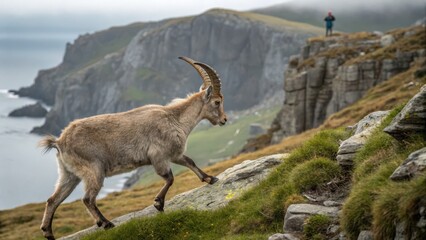 Fototapeta premium Mountain goat navigating rocky terrain near coastal cliffs