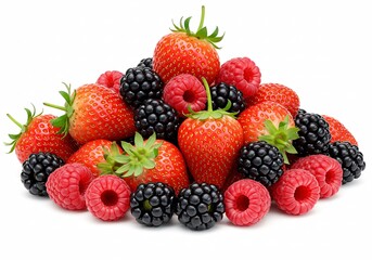 Obraz premium Pile of fresh strawberries raspberries and blackberries isolated on white background