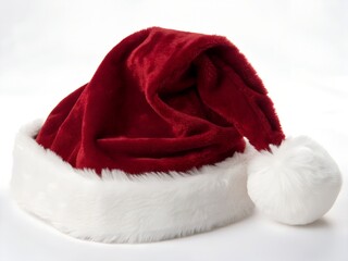 Classic plush red santa hat with white trim and fluffy pompom a festive symbol of christmas cheer