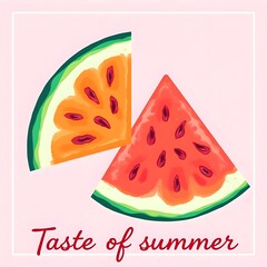 Vector image with a slice of yellow watermelon and a red watermelon with the caption "Taste of Summer".