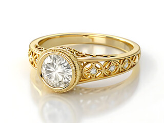 Close up of a gold ring with a large clear stone and intricate detailing on the band design