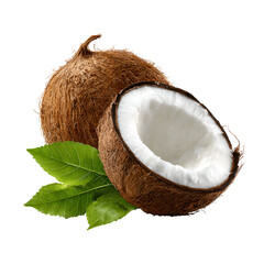 Ripe coconut half with husk and green leaves tropical fruit refreshment