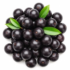 Fototapeta premium Pile of acai berries with green leaves isolated on white background