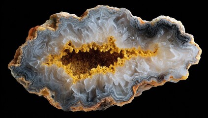 Polished agate geode, grey, white, yellow, black background, geology, science
