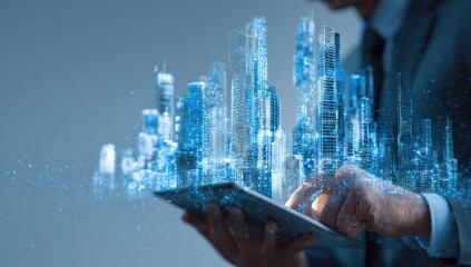 Businessman using tablet, virtual city
