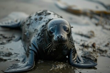 Young seal pup trapped on oily beach, dark polluted sea background, sad emotional wildlife scene.