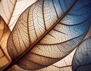 Detailed Macro Shot of Blue and Bronze Leaf Skeletons with Intricate Vein Structure
