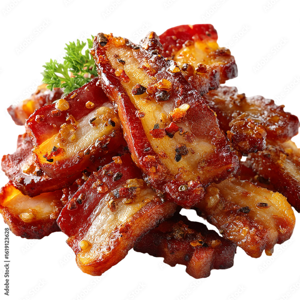 Poster close up of a pile of seasoned bacon strips with parsley on a black background isolated on transpare